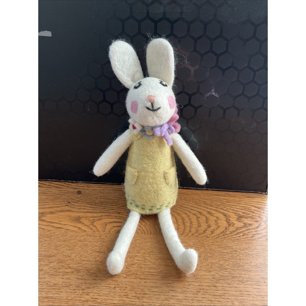 Artist Handmade Needle Felted Bunny Rabbit Girl Yellow Dress Flowers Easter Gift